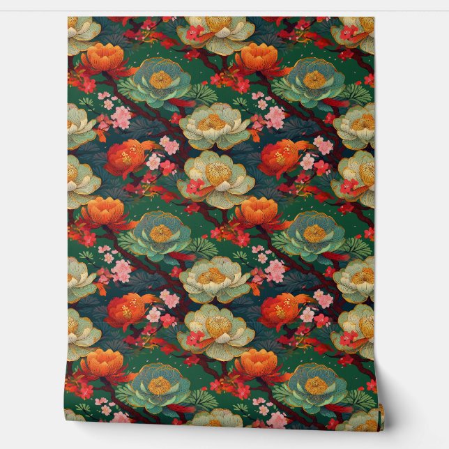 Papel Pintado Ponies japoneses sobre esmeralda (Desenrollar)