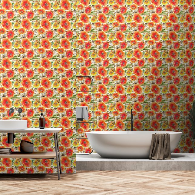 Papel Pintado Poppies Naranja brillante verde amarillo (Baño)