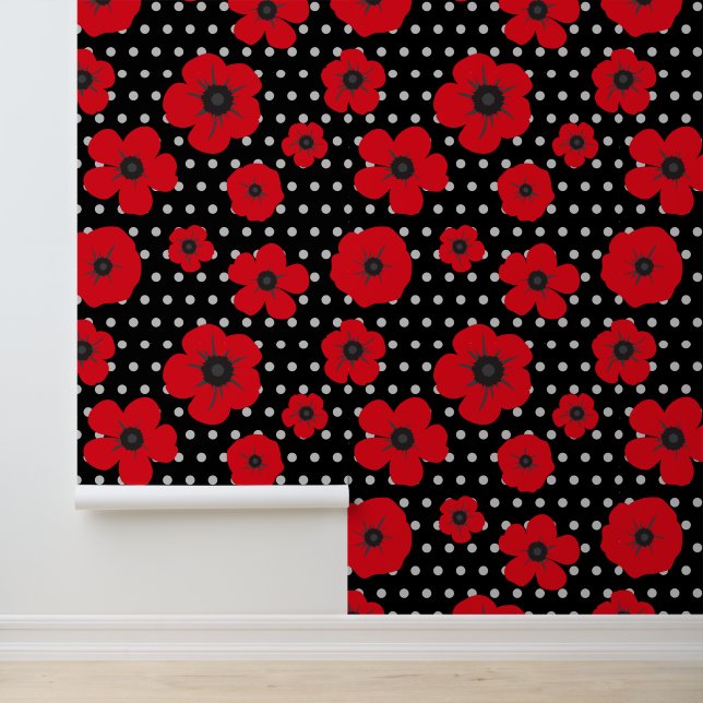 Papel Pintado Poppies rojos y puntos de polka florales modernos (Solicitud)