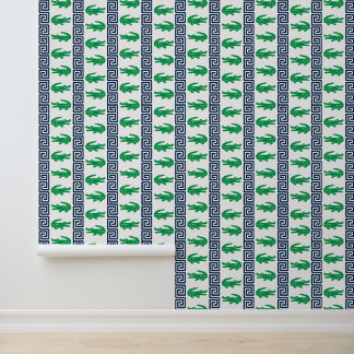 Papel Pintado Preppy Alligator Greek Key Stripe - Navy & Green