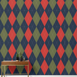 Papel Pintado Preppy Clásico Argyle Azul Marino, Rojo Granero y