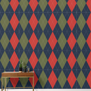 Papel Pintado Preppy Clásico Argyle Azul Marino, Rojo Granero y 