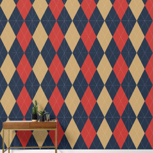 Papel Pintado Preppy Clásico Argyle Azul Marino, Rojo Granero y