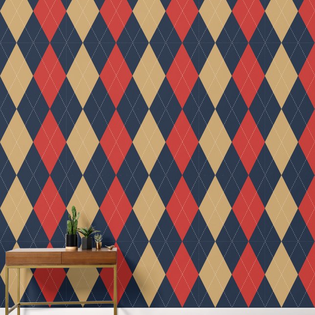 Papel Pintado Preppy Clásico Argyle Azul Marino, Rojo Granero y  (Pasillo)