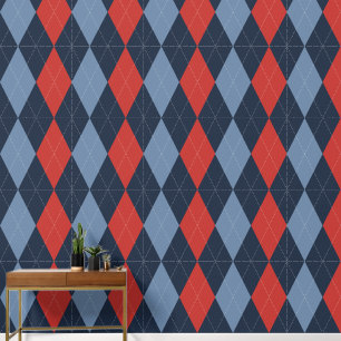 Papel Pintado Preppy Clásico Argyle Azul Marino, Rojo Granero y