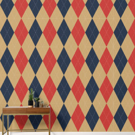 Papel Pintado Preppy Clásico Argyle Caqui, Azul Marino y Rojo de