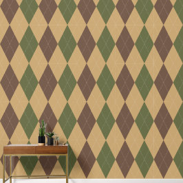 Papel Pintado Preppy Clásico Argyle Caqui, Verde Militar y Marró