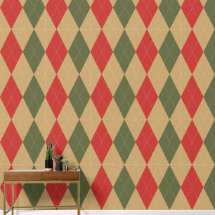 Papel Pintado Preppy Clásico Argyle Caqui, Verde Militar y Rojo 