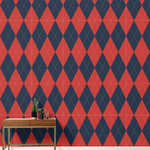 Papel Pintado Preppy Clásico Argyle Granero Rojo y Azul Marino
