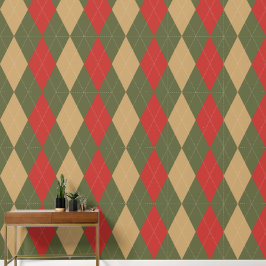 Papel Pintado Preppy Clásico Argyle Verde Militar, Rojo Granero
