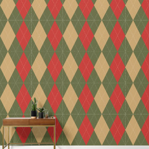 Papel Pintado Preppy Clásico Argyle Verde Militar, Rojo Granero