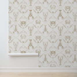 Papel Pintado Preppy Coastal Lobsters and Crabs in Sandy Beige
