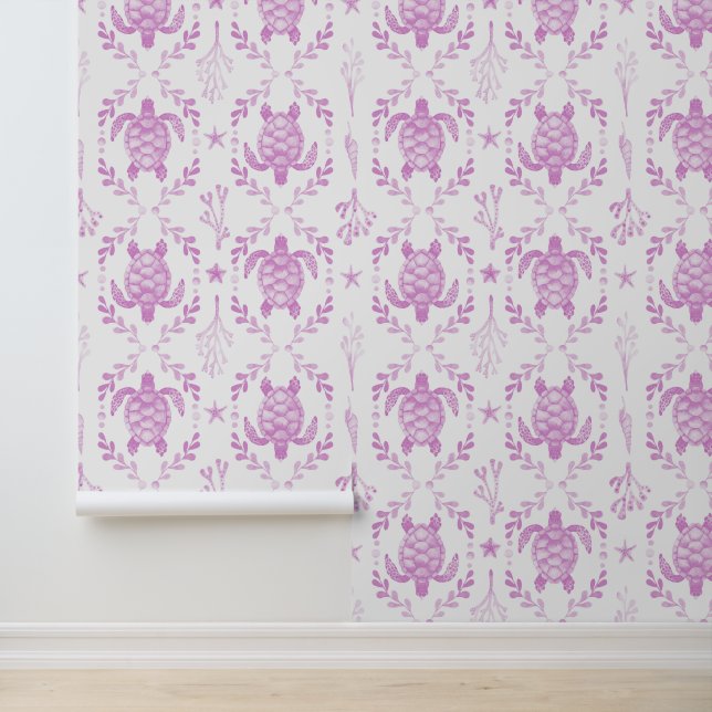 Papel Pintado Preppy Coastal Sea Turtles and Coral in Light Pink (Solicitud)