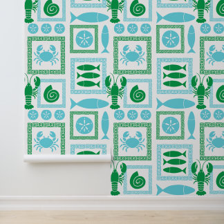 Papel Pintado Preppy Costero de Parcheo Verde y Turquesa
