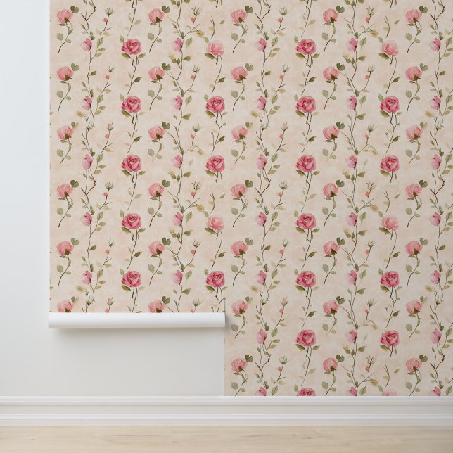 Papel Pintado Pretty Pink Cream Roses Floral (Solicitud)