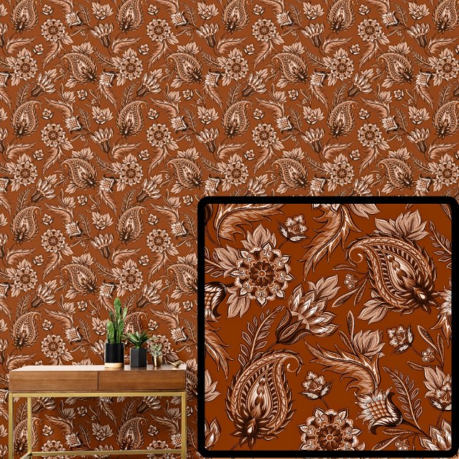 Papel Pintado Profundo Naranja Marrón Rojo Floral Paisley Elegan (Subido por el creador)