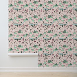 Papel Pintado Pueblo de la granja escandinava rosa