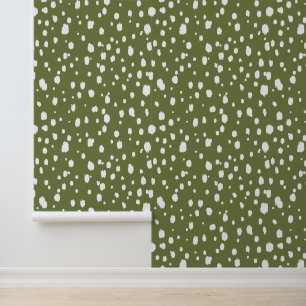 Papel Pintado Puntos abstractos en verde oliva y blanco
