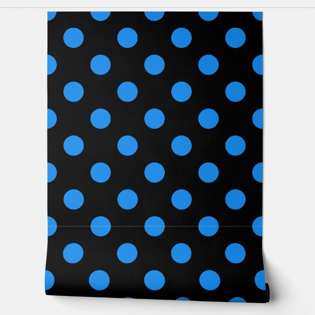 Papel Pintado Puntos de Polka Azul de Fondo Negro (Desenrollar)