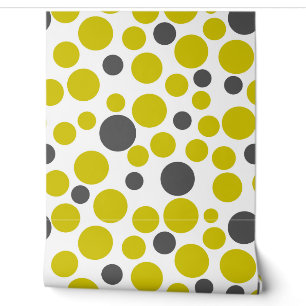 Papel Pintado puntos de polka gris amarillo sobre fondo blanco