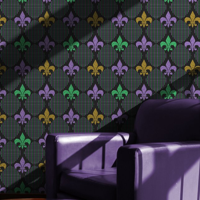 Papel Pintado Purpurina Fleur de Lis Faux | Black Mardi Gras (Fleur de Lis Faux Glitter Black Mardi Gras Pattern Wallpaper)