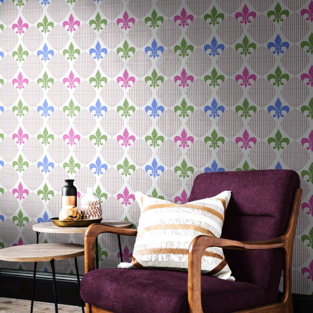 Papel Pintado Purpurina Fleur de Lis Faux | Mardi Gras blancas (Fleur de Lis Faux Glitter White Mardi Gras Pattern Wallpaper)