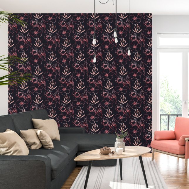 Papel Pintado Purpurina Rosa Elegante Flores Y Hojas (Subido por el creador)