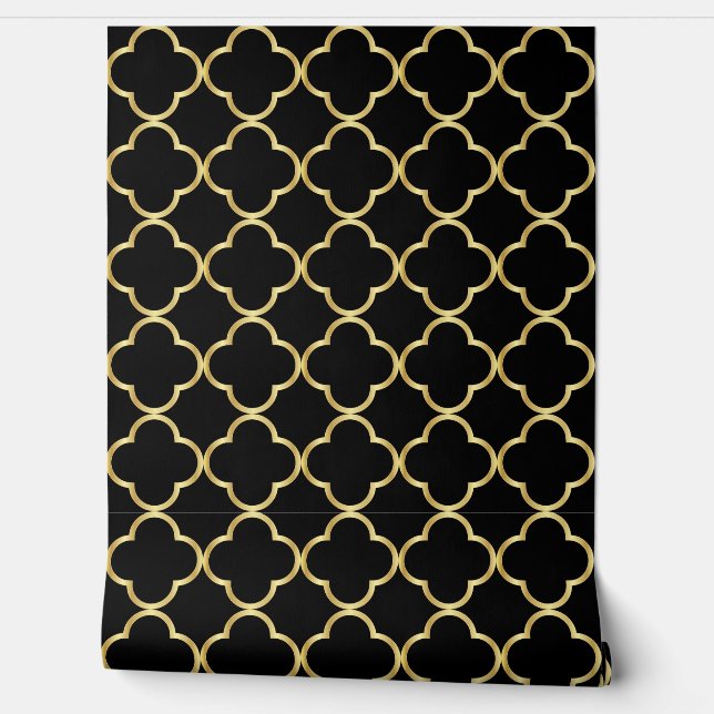 Papel Pintado Quatrefoil negro y dorado - fondo cambiable (Desenrollar)