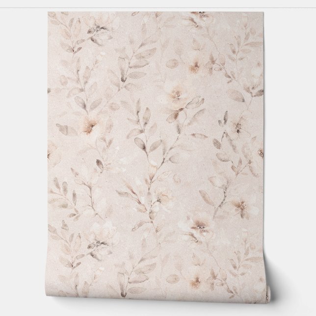 Papel Pintado Ramas florales de acuarela suave beige neutro (Desenrollar)