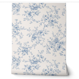 Papel Pintado Ramo Floral Toile Azul Crema Botánico Vintage 