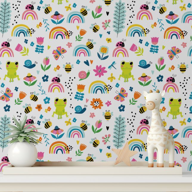 Papel Pintado Ranas Cutas Insectos Flores De Lluvia Patrón De Ni (Subido por el creador)
