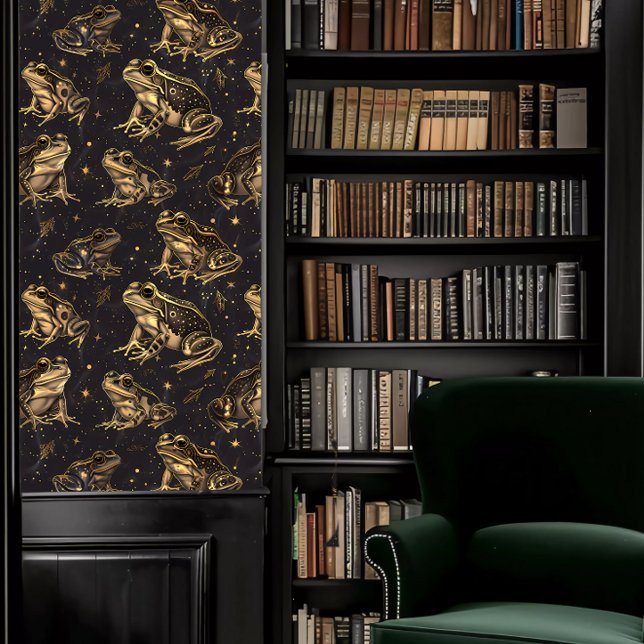 Papel Pintado Ranas de oro de la Academia Oscura (Dark Academia Gold Frogs Wallpaper in a library.)