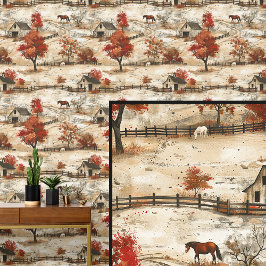 Papel Pintado Rancho de otoño de herradura blanca y castaña marr
