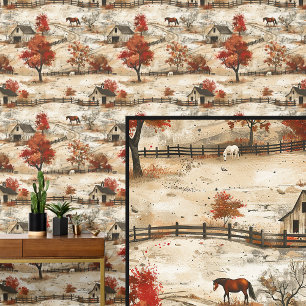 Papel Pintado Rancho de otoño de herradura blanca y castaña marr