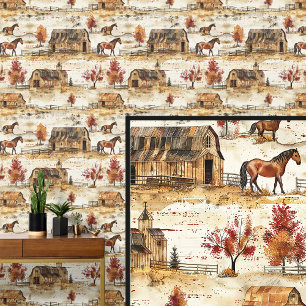Papel Pintado Rancho otoñal de caballos marrones de castaño
