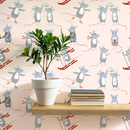 Papel Pintado Ratones Festivos De Vacaciones De Invierno Rosados