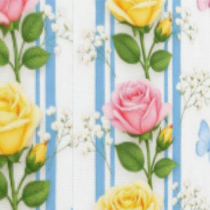 Papel pintado raya azul rosas amarillas y rosadas