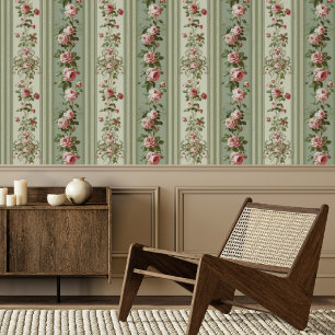Papel Pintado Raya Verde Salvia y Floral Rosa Pink