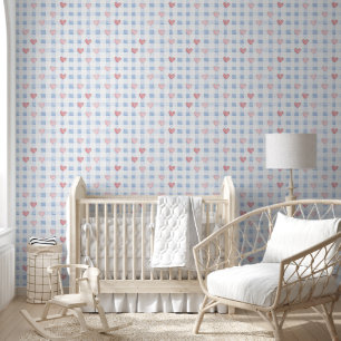 Papel Pintado Rayas Azules Corazones Rosas