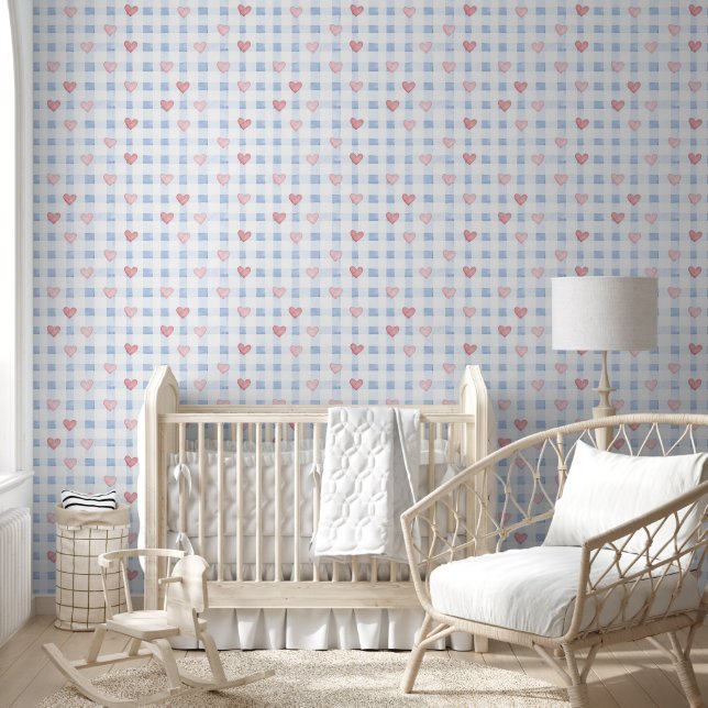 Papel Pintado Rayas Azules Corazones Rosas  (Niños)