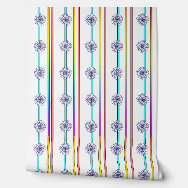 Papel Pintado Rayas de Arcoíris + Flores Azules (Desenrollar)
