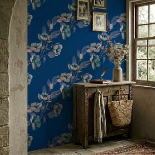 Papel Pintado Rayas de flores azules acuarela vintage azul