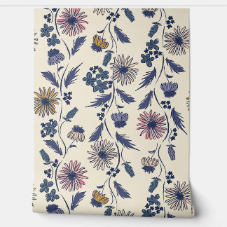 Papel Pintado Rayas de flores silvestres - lavanda y azul denim