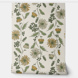 Papel Pintado Rayas de flores silvestres - Mostaza dorado y verd