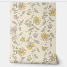 Papel Pintado Rayas de flores silvestres - Rubor y verde grisáce