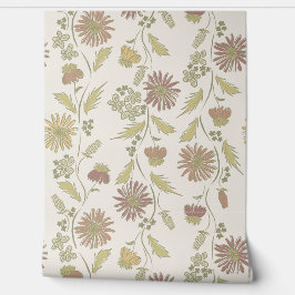 Papel Pintado Rayas de flores silvestres - Terracota y Oliva