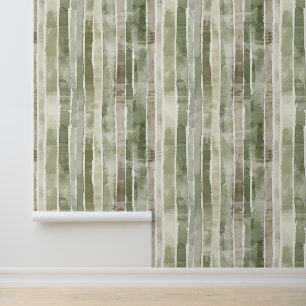Papel Pintado Rayas de Verde Sage y Beige Claro Acuarela