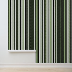 Papel Pintado Rayas grises, verdes, blancas.