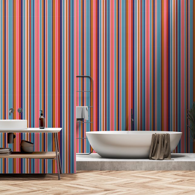 Papel Pintado Rayas horizontales retro de terracota rosa azul (Baño)
