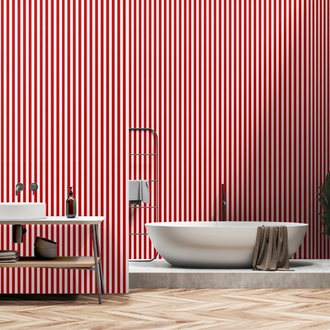 Papel Pintado Rayas Rojas Y Blancas De Cerezo (Baño)